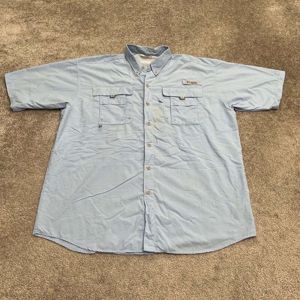Columbia PFG Omni Shade Bahama Shirt Mens LT Blue Button Down Short Sleeve Fish